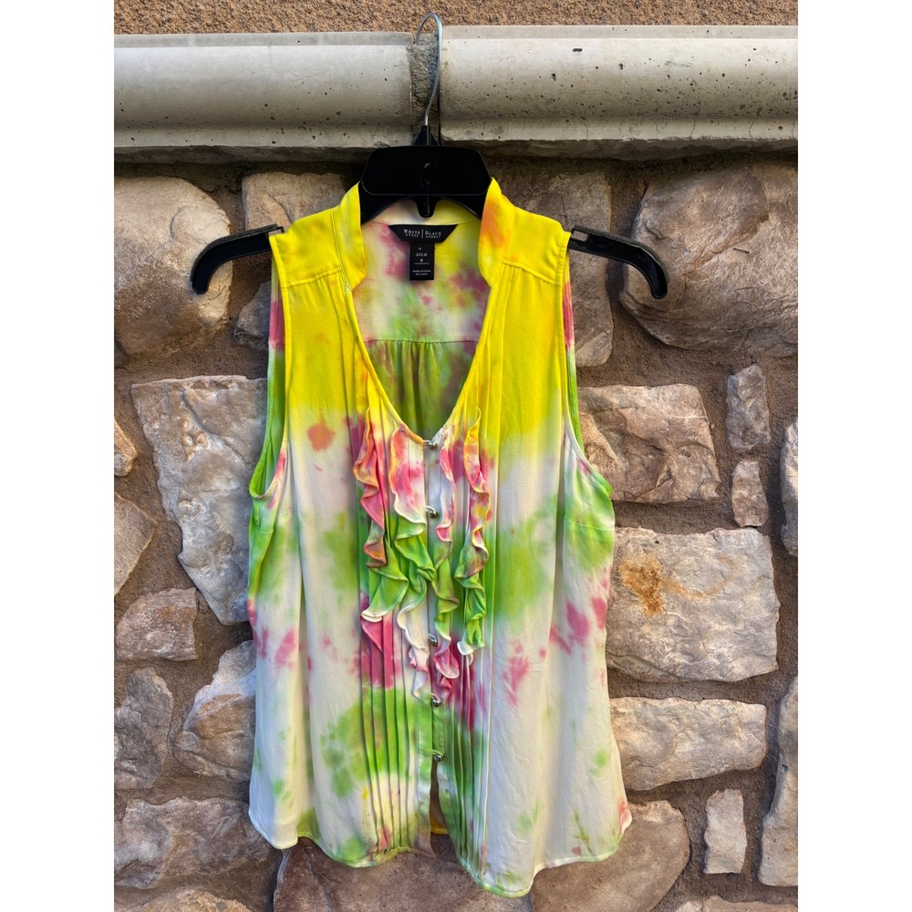 White House Black Market Top Silk Sleeveless Ruffle Tie Dye Button Up Size 8